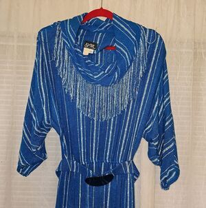Sybil California Blue Metallic-Stripe Fringe Maxi Dress with Cowl Neck and Belt